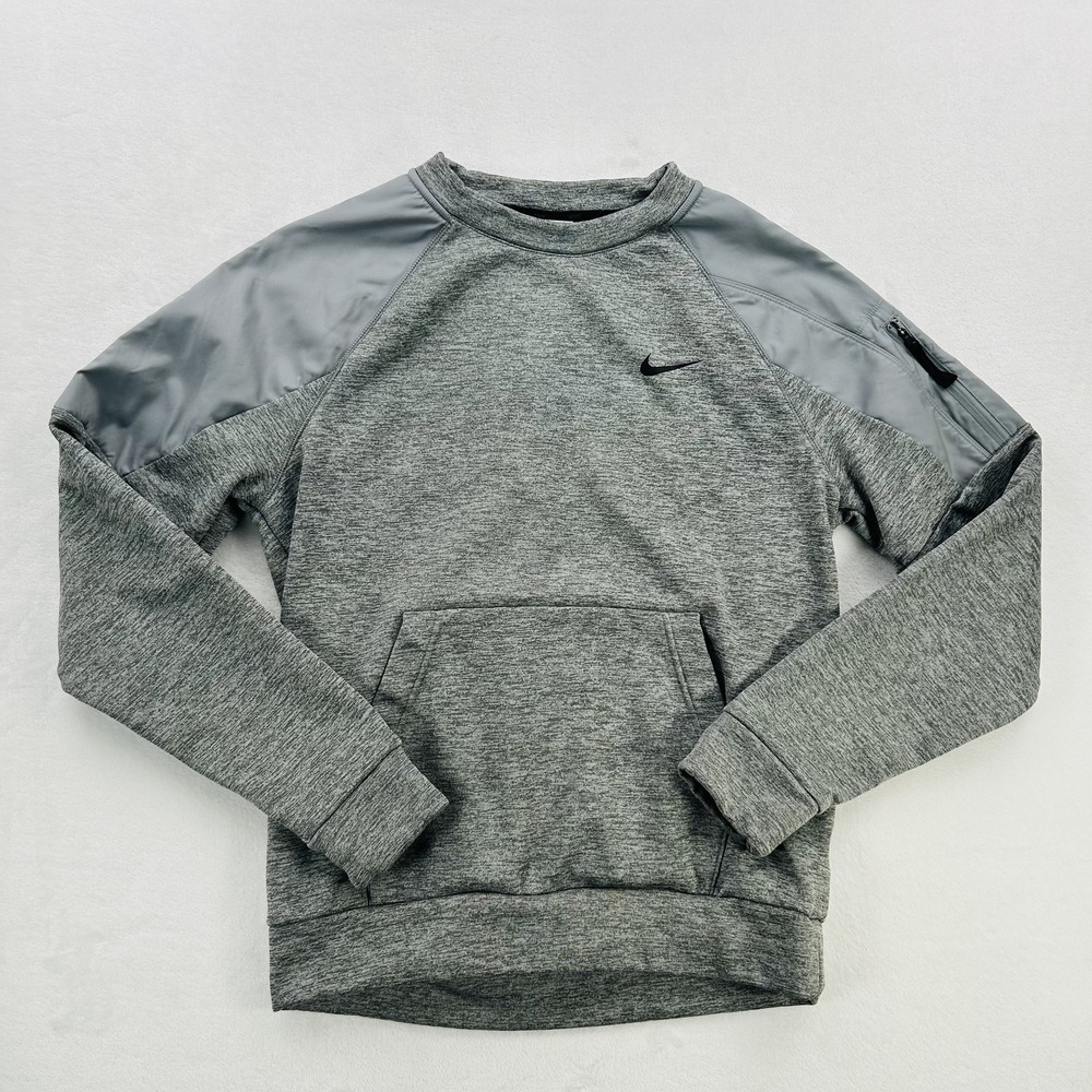 Nike Therma-Fit Pullover Sweater Mens Small Gray Crewneck Athletic Zip Pocket